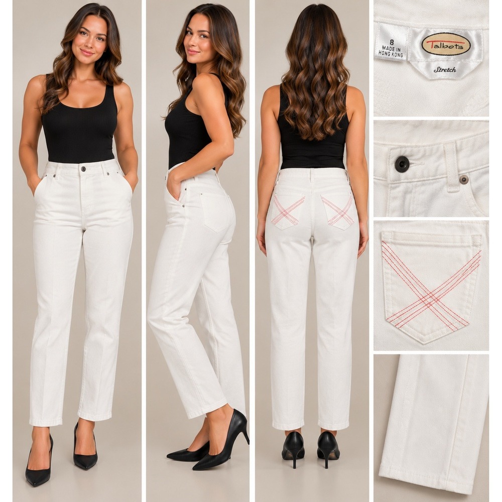 Talbots Straight Leg Pants Womens 8 White Old Money Coastal Contrast Stitch